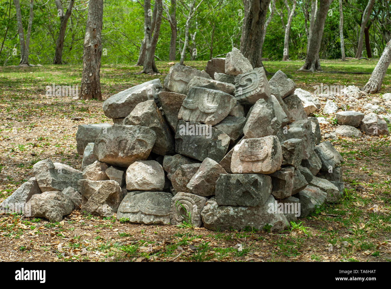 Remains of the Mayan ruins of the archaeological area of Uxmal, in the Mexican Yucatan peninsula Stock Photo