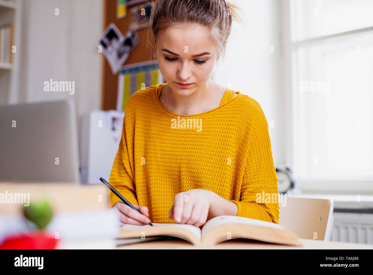 A young female student sitting at the table, studying. Stock Photo