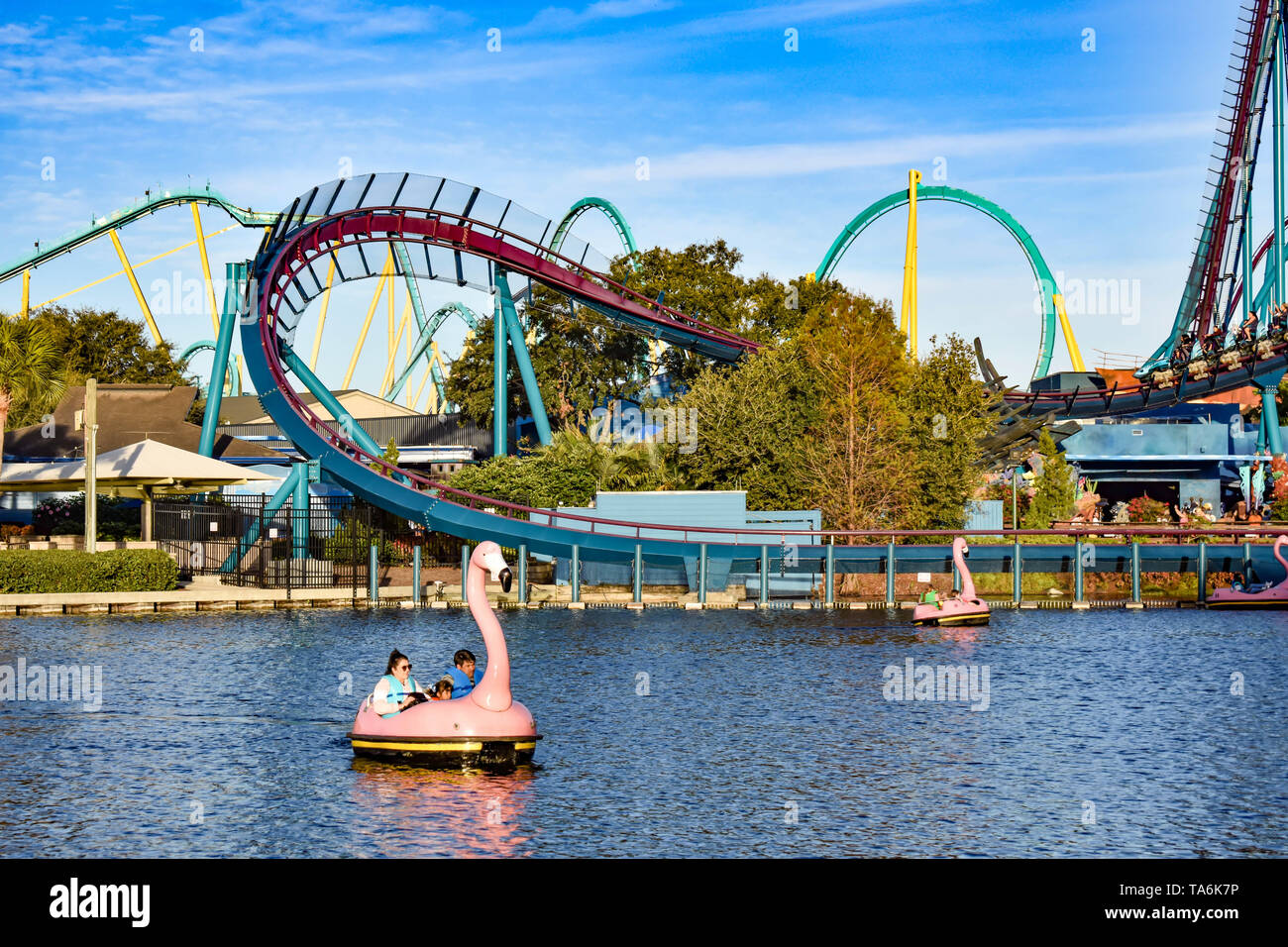 Orlando, Florida. December 19, 2018. at Seaworld Panoramic view of roller  coaster and flamingo boat ride on blue lake in International Drive area (4  Stock Photo - Alamy