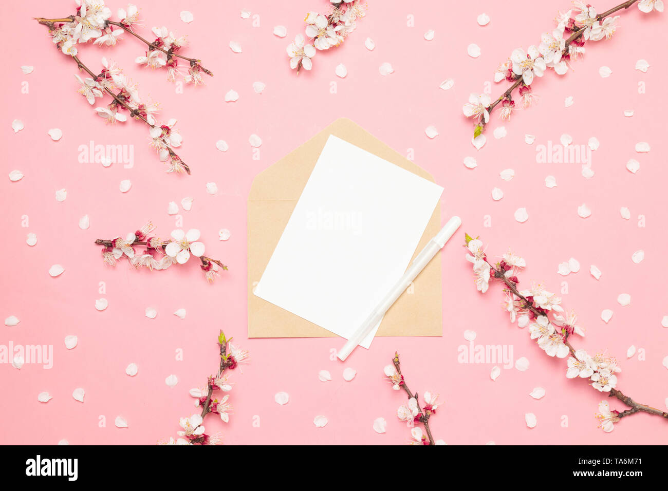 Invitation mockup of business paper A5 Flyer on a pink background with sprigs of spring sakura flowers Stock Photo