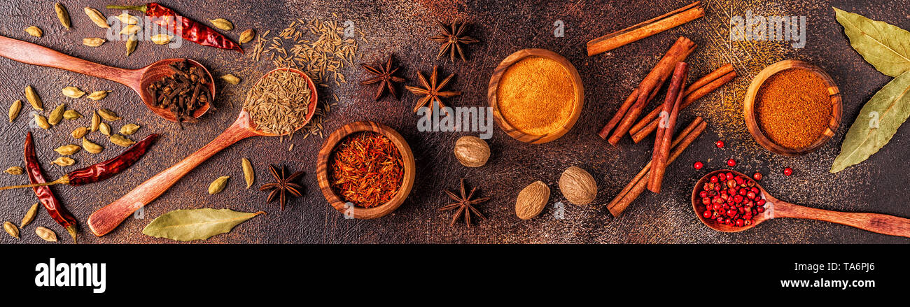 Spices ingredients for cooking. Spices concept. Top view. Stock Photo