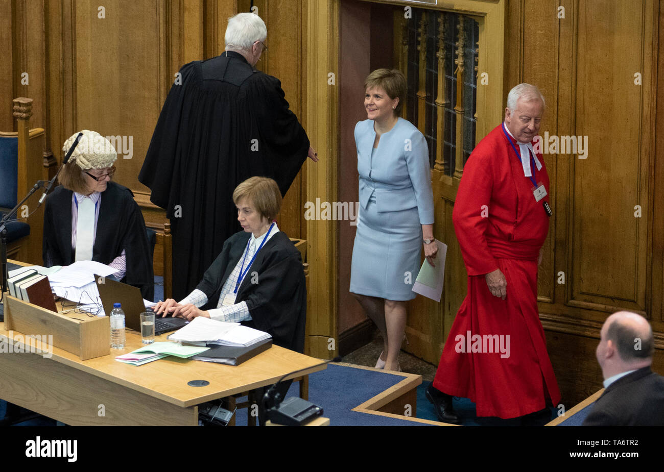 First Minister Nicola Sturgeon enters the main chamber of the hall before her address to the General Assembly of the Church of Scotland at the General Assembly Hall in Edinburgh. Stock Photo