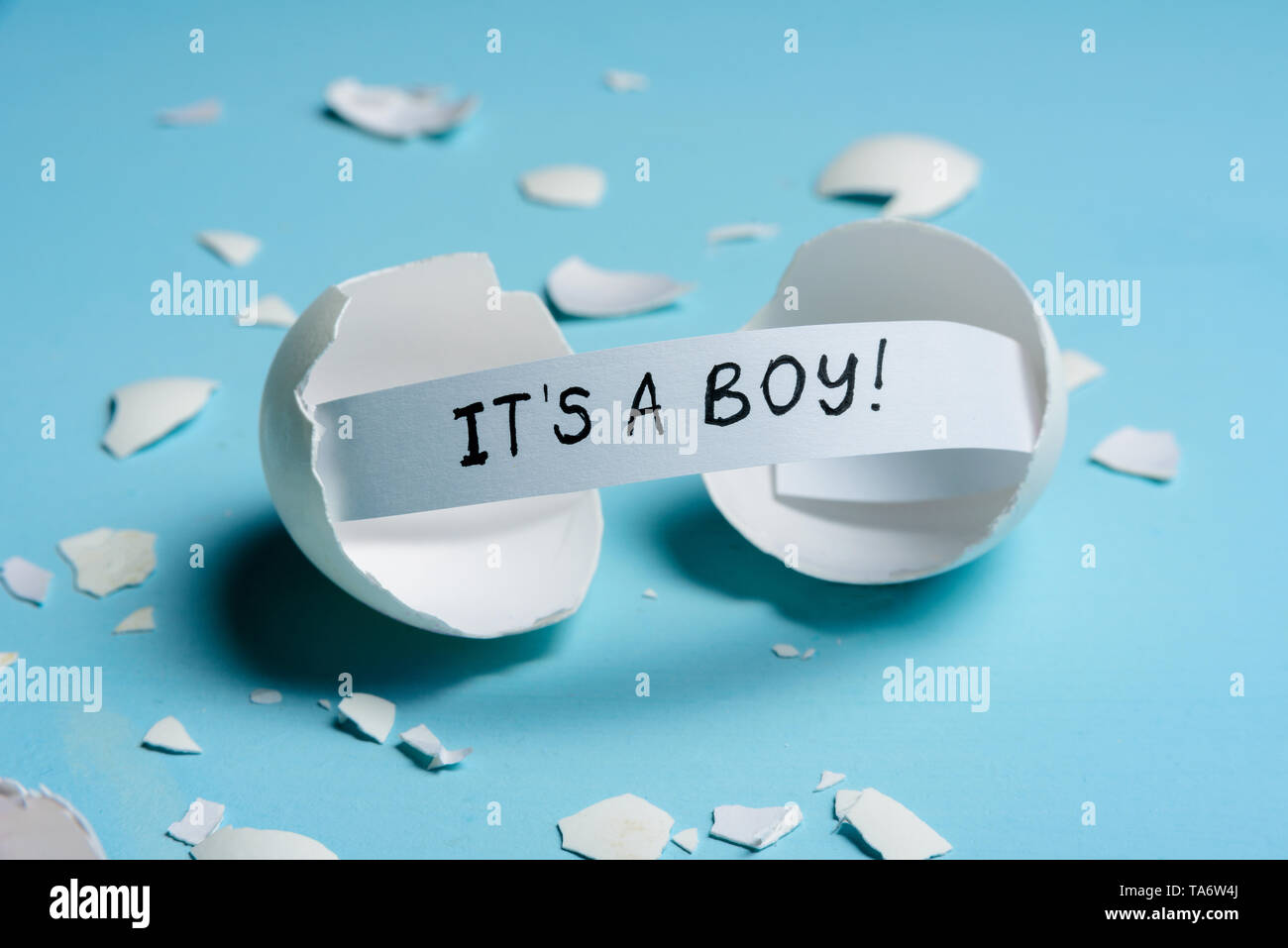 Baby shower concept. Boy, blue. Cracked egg with a message IT'S A BOY. Like fortune cookies Stock Photo