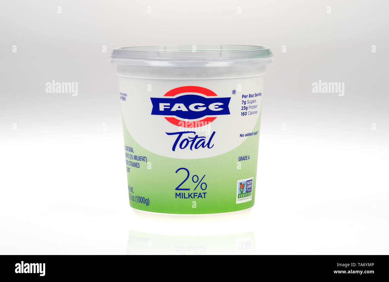 Fage 2% Milkfat Greek Yogurt container Stock Photo