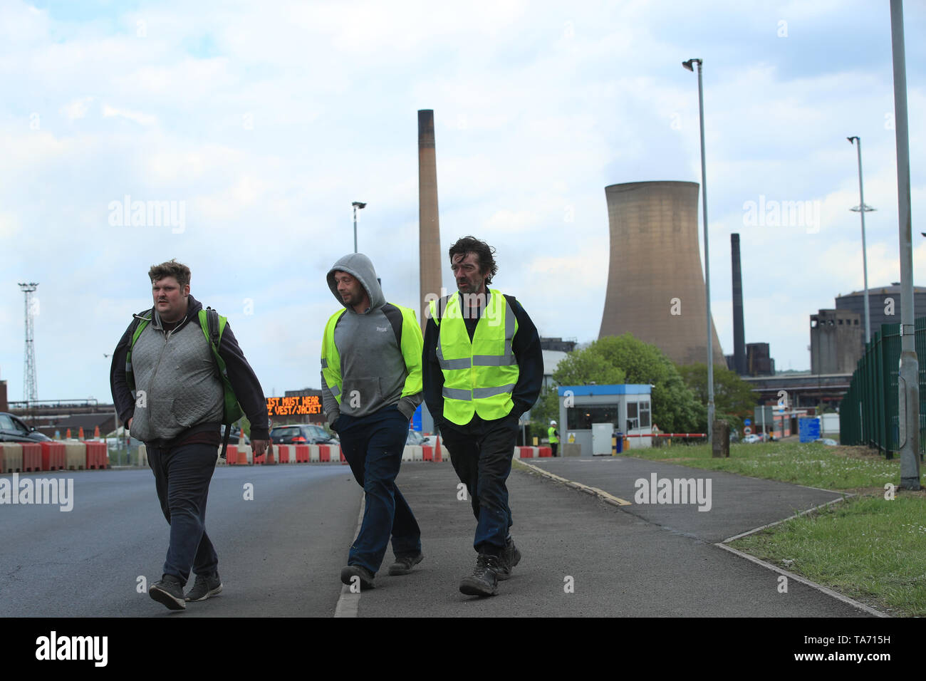 Workers leave the steelworks plant in Scunthorpe following a shift change as owner British Steel is to go into official recievership after failing to secure funds for its future. Stock Photo