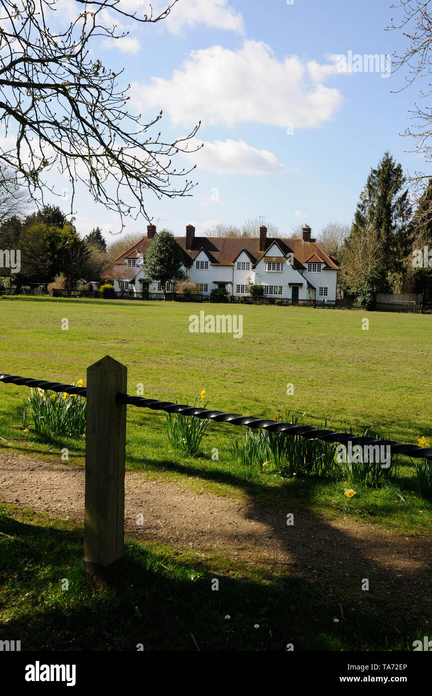White cottages beside the green, Aldenham, Hertfordshire, were built by