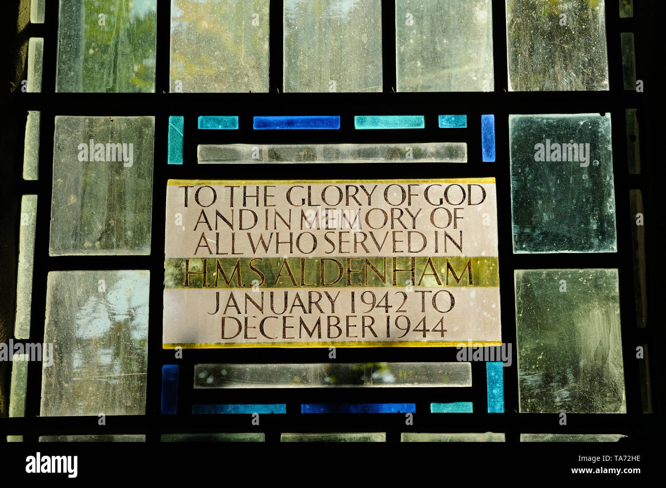 Stained glass window in memory of HMS Aldenham in St John the Baptist