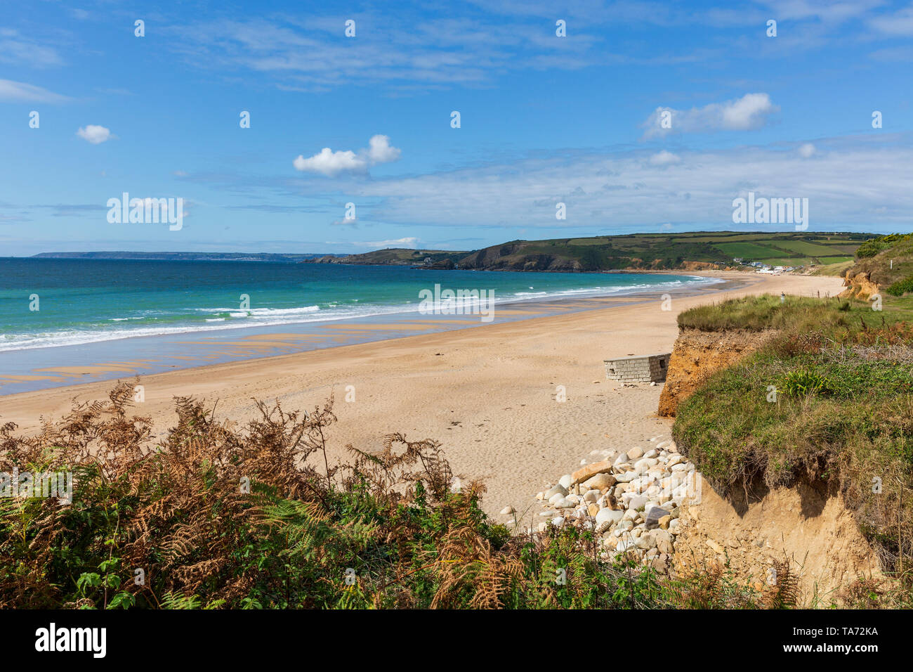 View of the sandy beach at Praa Sands in Cornwall, England, UK on a clear sunny day. Stock Photo