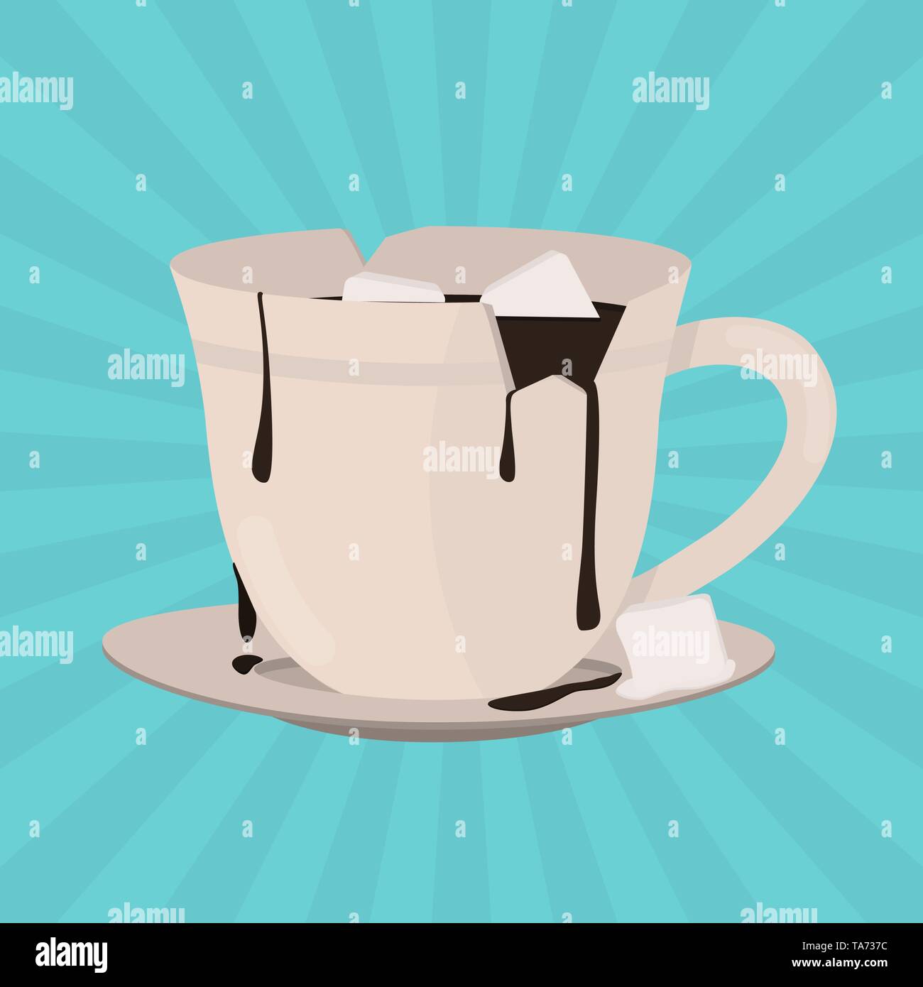 Broken hot chocolate cup with marshmallow. Chocolate overflowing from the cup. Blue background. Stock Vector
