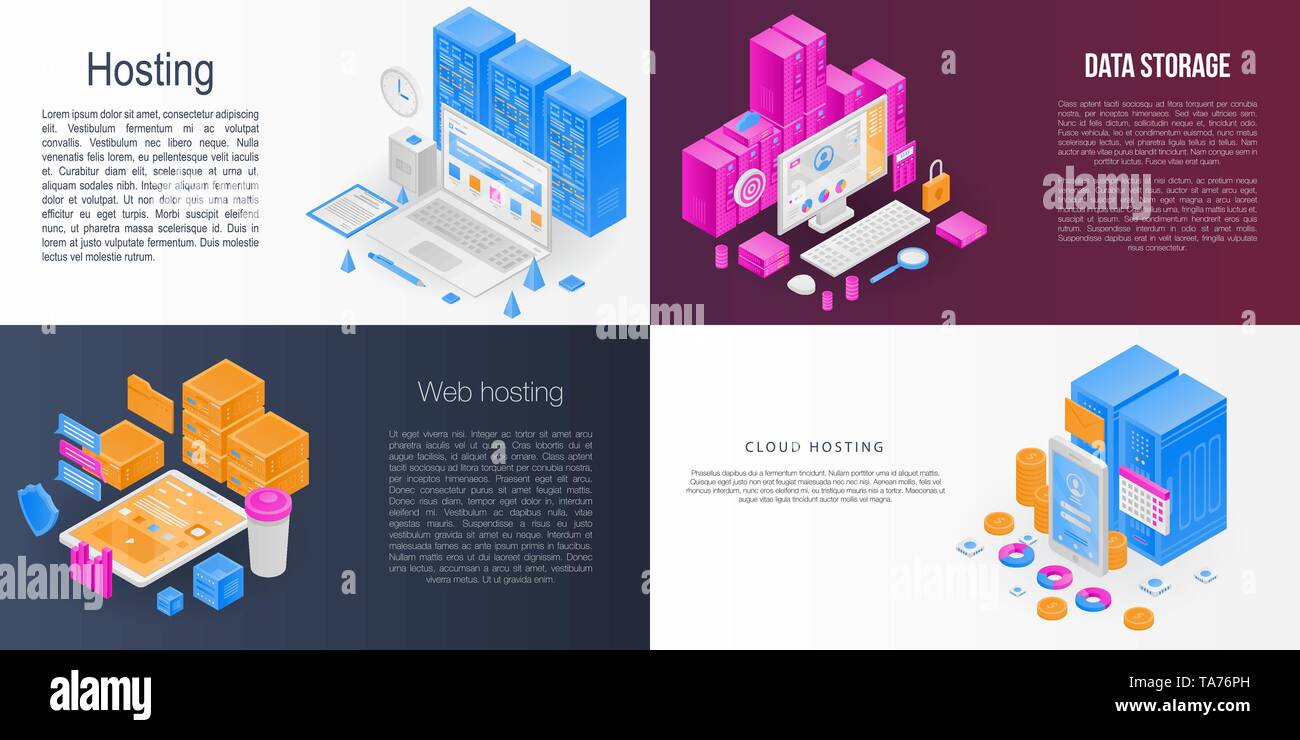 Hosting banner set, isometric style Stock Vector