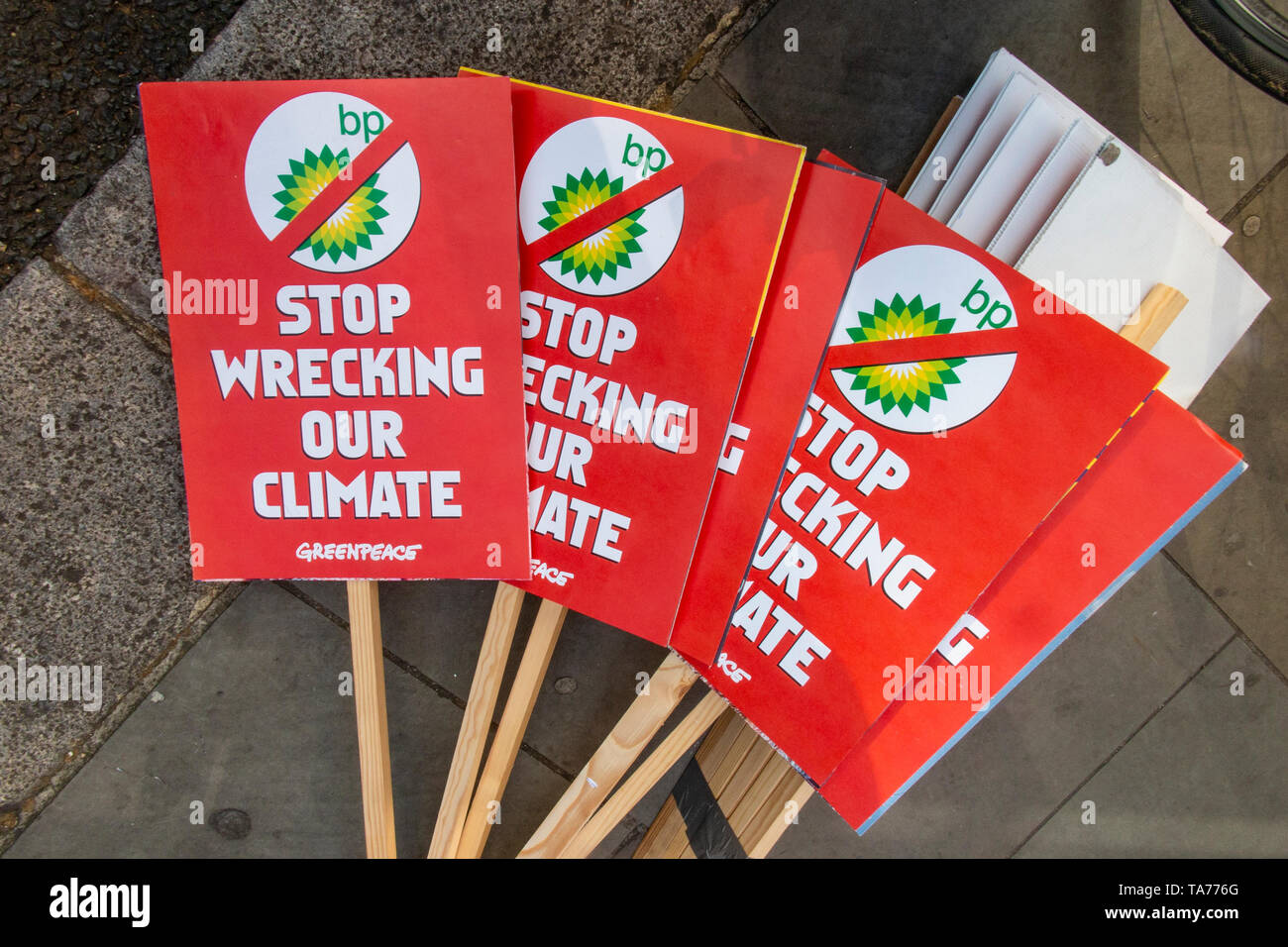 22nd May 2019 Greenpeace demonstrate outside BP Headquarters in St James's Square in London - protesting about BP's contribution to climate change Stock Photo