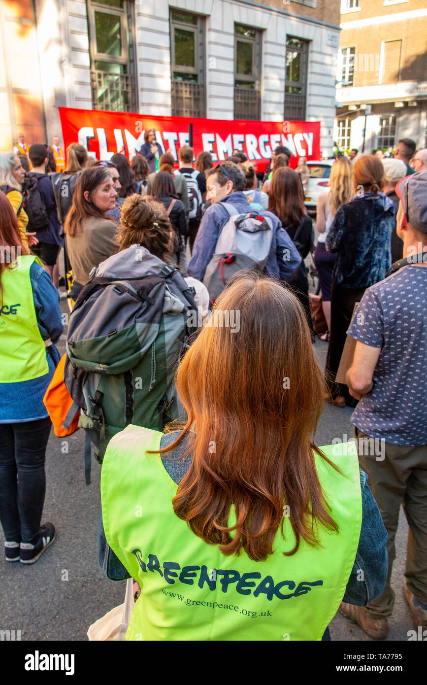 22nd May 2019 Greenpeace demonstrate outside BP Headquarters in St James's Square in London - protesting about BP's contribution to climate change Stock Photo