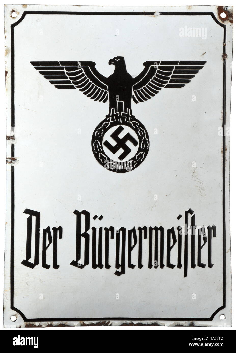 A house shield 'Der Bürgermeister' Schwarz-weiß emailliertes, hochgewölbtes Eisenschild mit Hoheitsadler über Aufschrift und schwarzer Umrandung. Randabsplitterungen. Maße 35 x 25 cm. historic, historical, State, state-controled, state-run, organisations, organizations, organization, organisation, object, objects, stills, clipping, clippings, cut out, cut-out, cut-outs, utensil, piece of equipment, utensils, 20th century, Additional-Rights-Clearance-Info-Not-Available Stock Photo