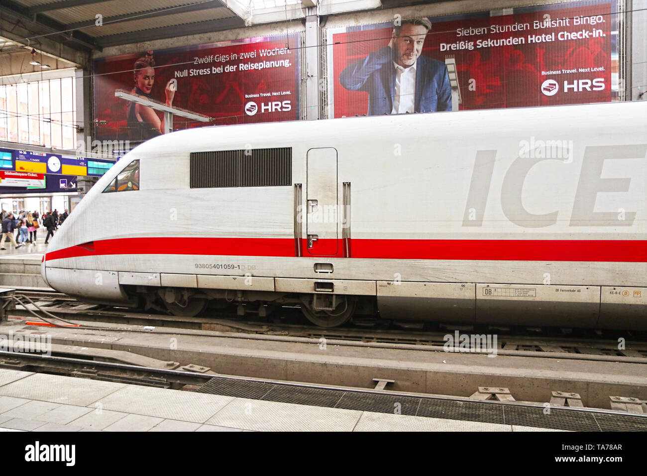 MUNICH, GERMANY - Munich central station departure and arrival hall, ICE Intercity-express train ready at the platform Stock Photo