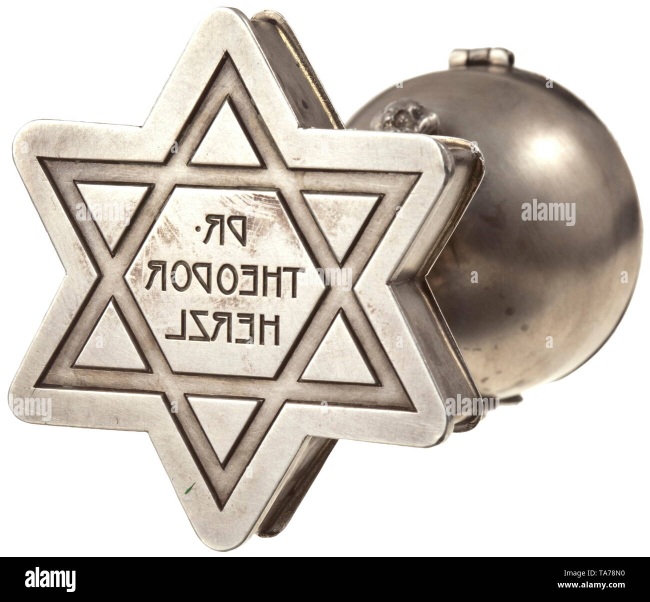 Theodor Herzl (1860 - 1904) - yarmulke, seal, table bell The yarmulke made of black silk lawn tailored in six segments, a black horn button in the top centre, trimmed wit 20th century, Additional-Rights-Clearance-Info-Not-Available Stock Photo
