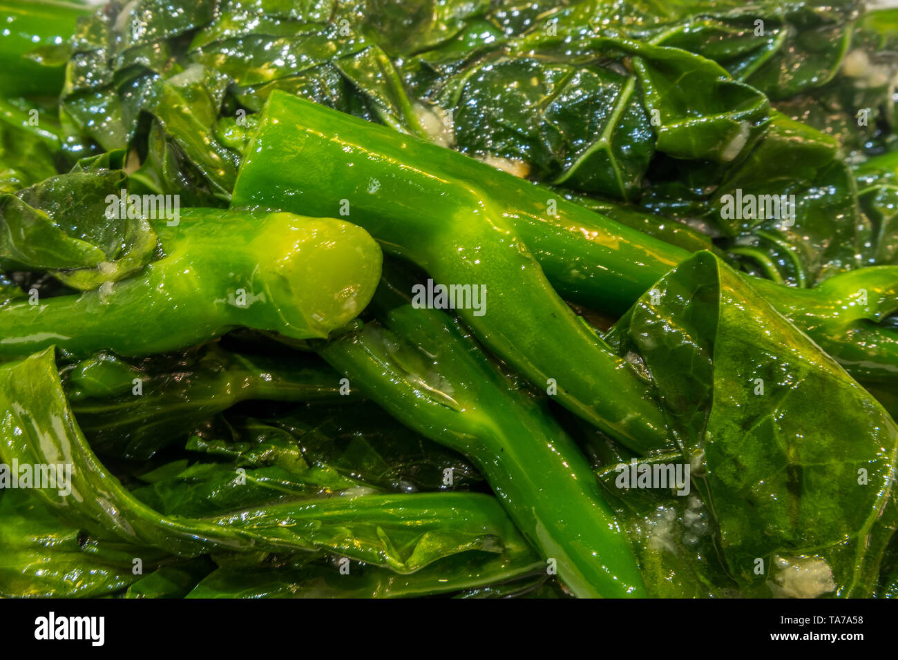 stir fried chinese kale(chinese broccoli) with oyster sauce in white plate and selective focus. Stock Photo