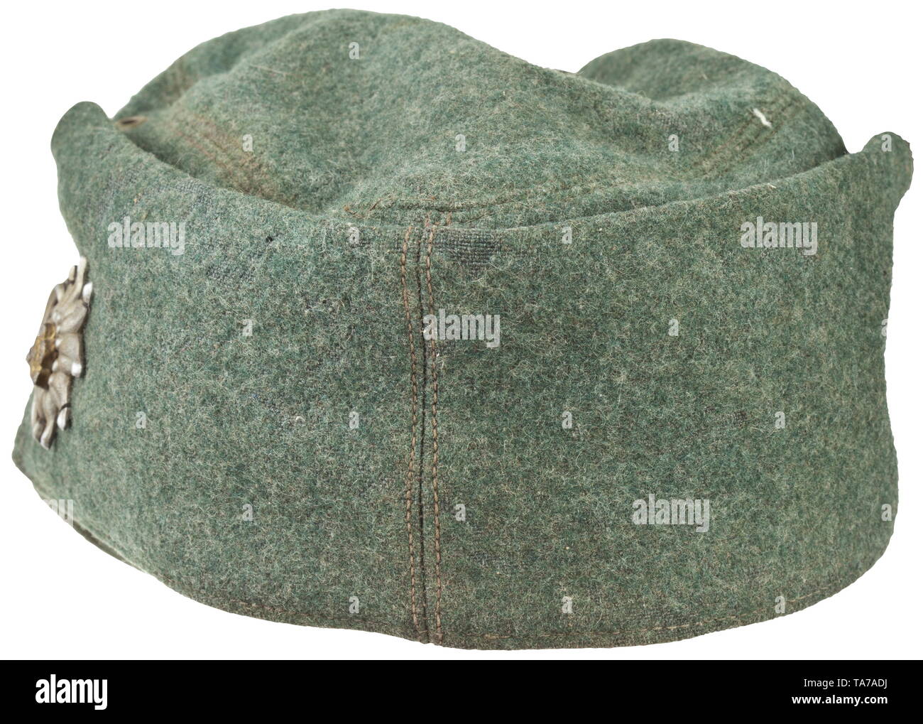A mountain cap for enlisted men/NCOs of mountain rifles Depot piece in field-grey woollen cloth, field-grey painted zinc ventilation rivets, BeVo weave eagle on a dark-green base, metal edelweiss, grey-brown inner liner, sweatband of continuous brown leather. historic, historical, army, armies, armed forces, military, militaria, object, objects, stills, clipping, clippings, cut out, cut-out, cut-outs, 20th century, Editorial-Use-Only Stock Photo