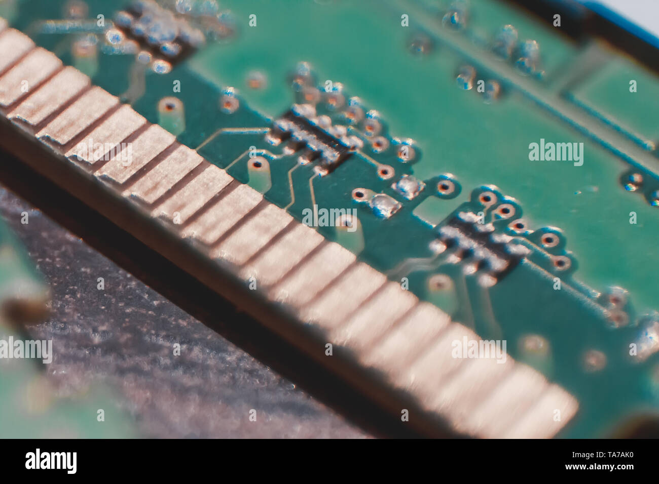 Gold Contact pins on DDR3 DIMM memory module for desktop pc computer, allow processor to access the data that needs to be process quickly Stock Photo