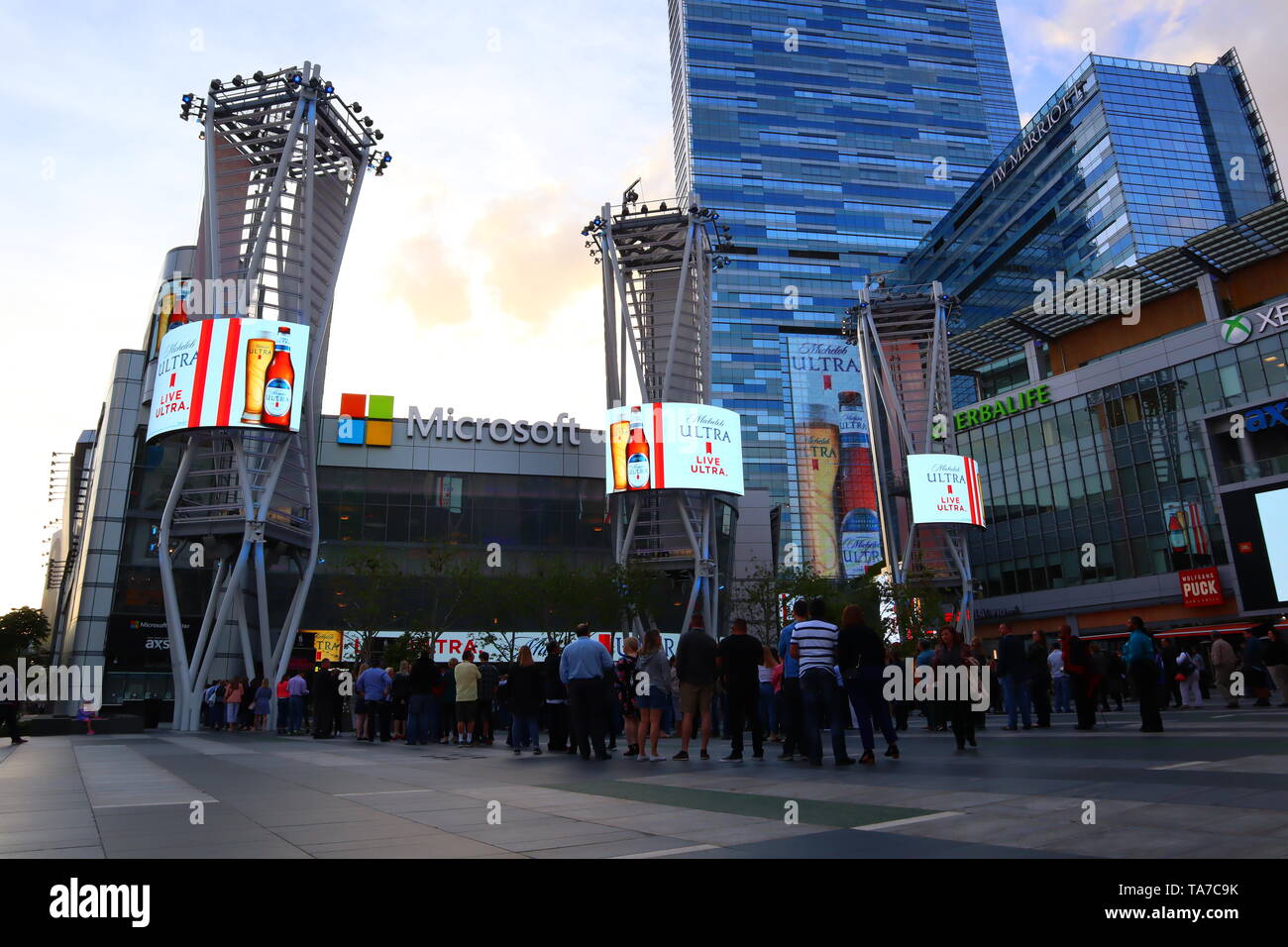 XBOX PLAZA, Microsoft Theater in front of the Staples Center, downtown of Los Angeles - California Stock Photo