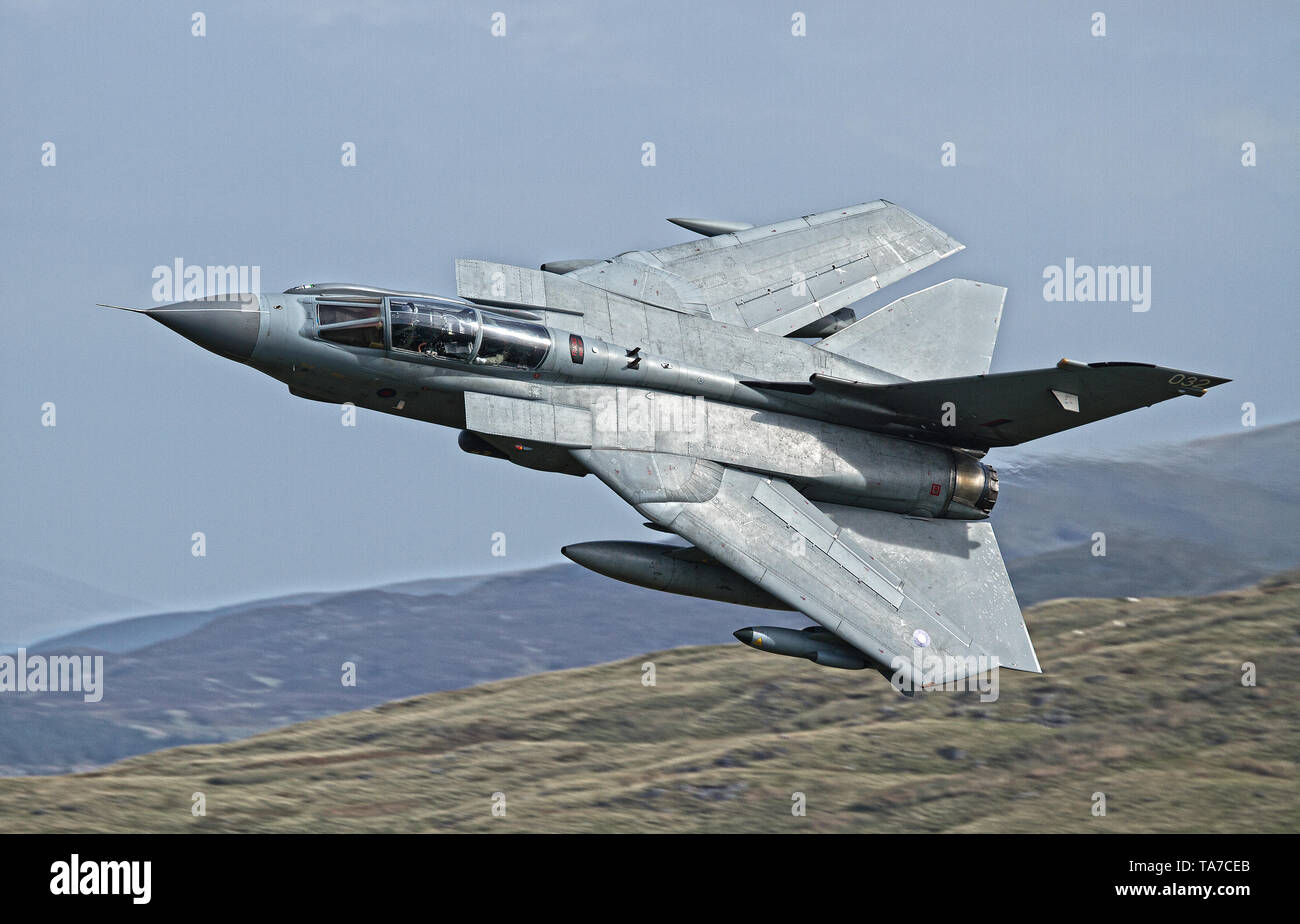 RAF Panavia Tornado GR4 flying low level through the Mach Loop in Wales,UK Stock Photo