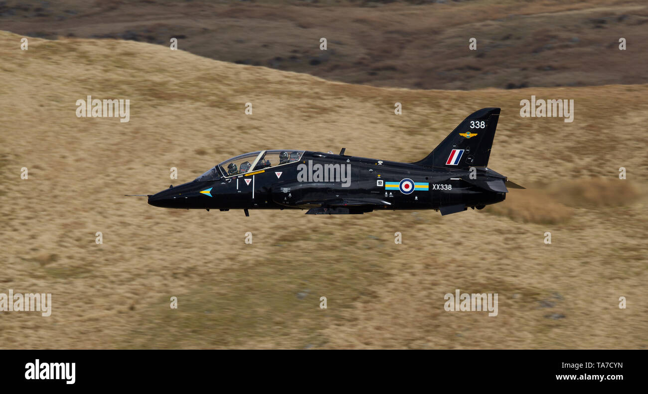 RAF Hawk flying low level through the Mach Loop in Wales, UK Stock Photo