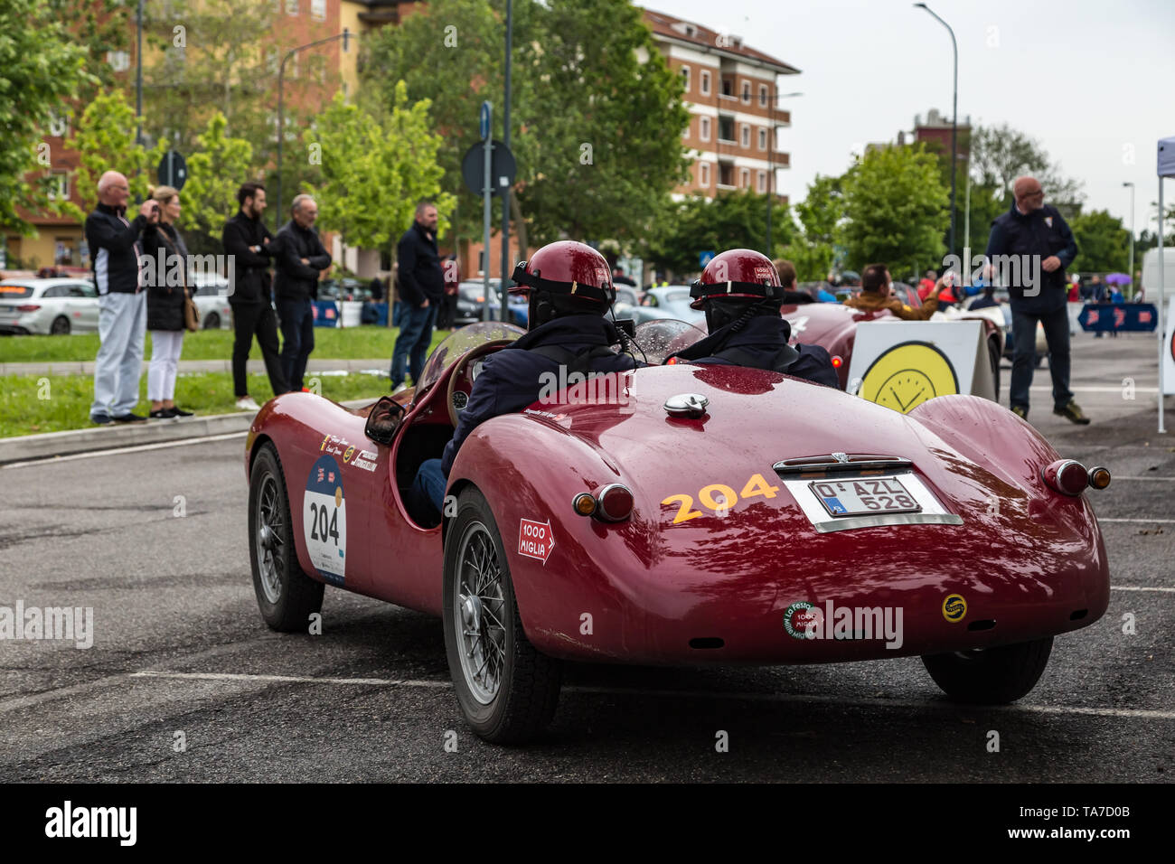 Old Italian Racing Brescia, Italy - May 18, 2019: Triumphant entry of the classic Italian ...