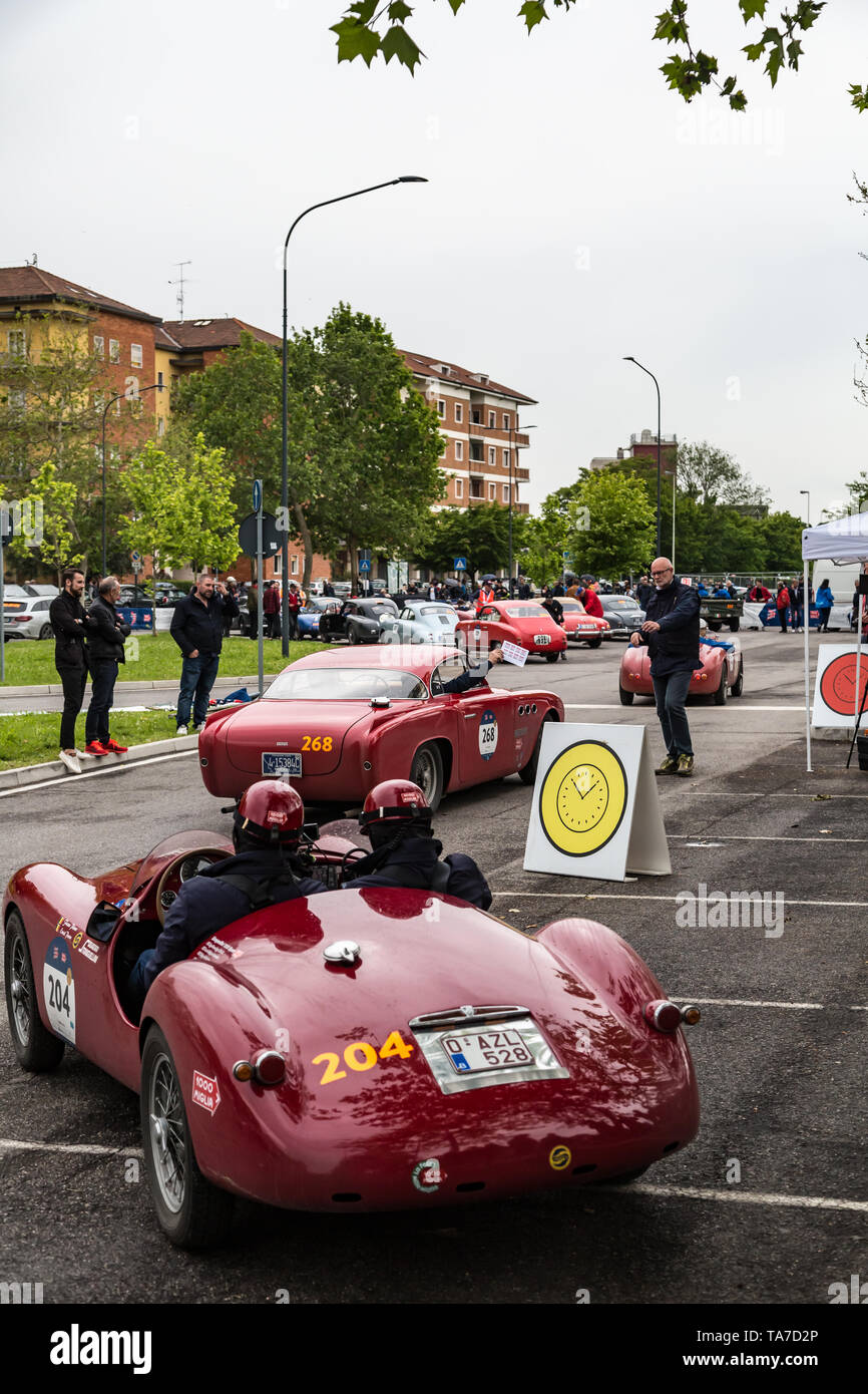 Old Italian Racing Brescia, Italy - May 18, 2019: Triumphant entry of the classic Italian ...