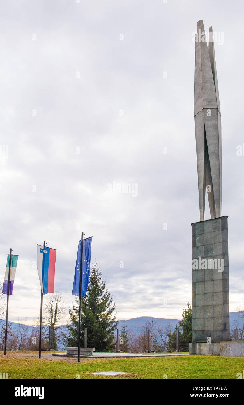 Zuzemberk, Slovenia - December 29th 2018. A Yugoslavia era communist second world war memorial in Zuzemberk known as the Monument on Cvibelj Hill or t Stock Photo