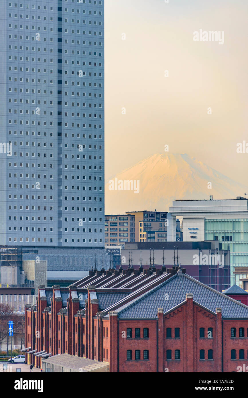 YOKOHAMA, JAPAN, JANUARY - 2019 - Yokohama buildings cityscape and fuji mountain at background, japan. Stock Photo