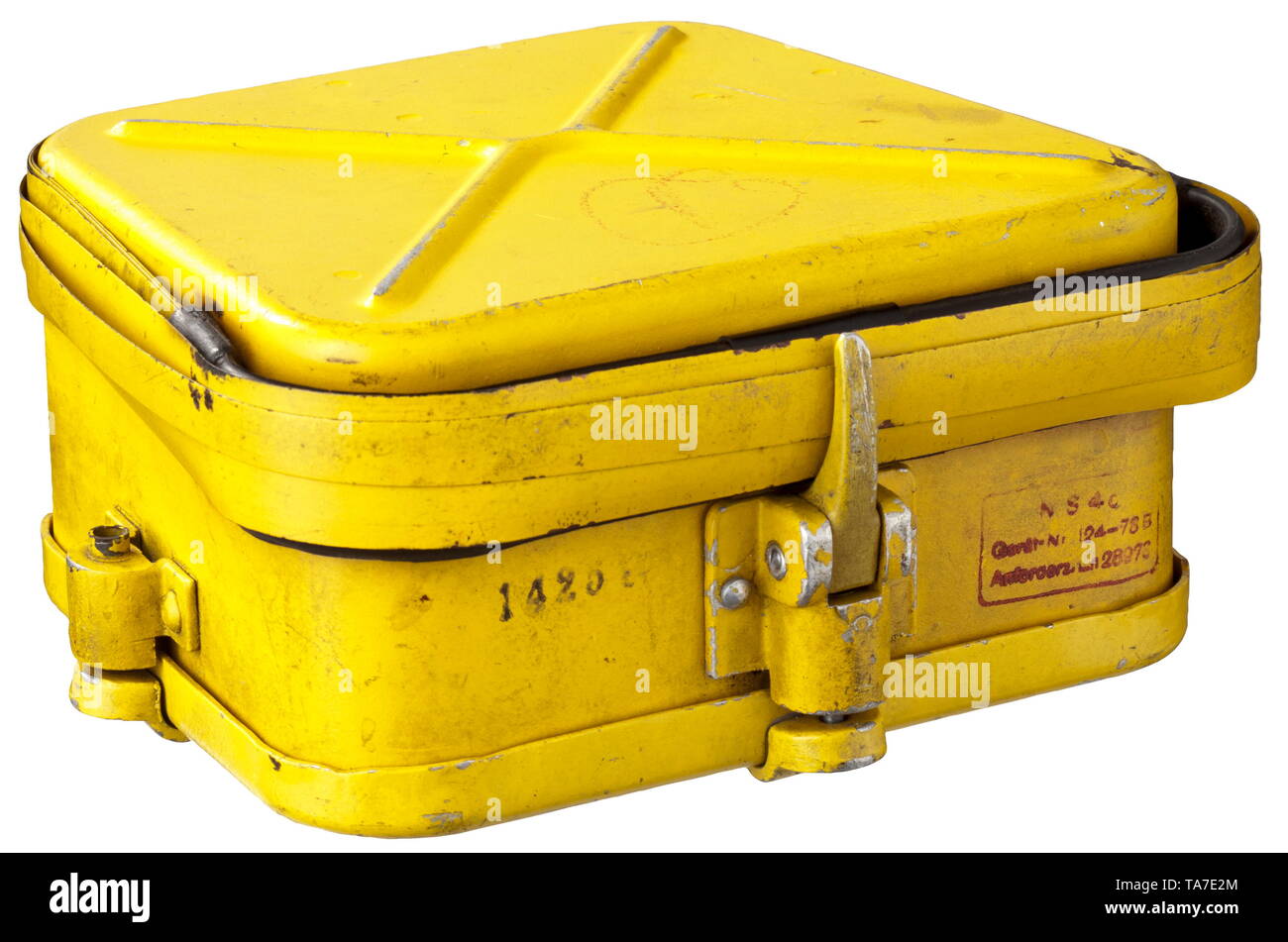 An emergency transmitter for maritime distress 'NS 4' for pilots of the fighter units Aluminium case, yellow lacquered, several fastening screws with red locking varnish seal. Case with mark 'NS 4 c - Gerät Nr. 124-78B - Anforderz. Ln28973' as well as number '1425(?)' on the side, with spring steel antenna wrapped around the case. Not checked for functionality or completeness. Dimensions of case circa 18 x 15 x 8 cm. Extraordinarily rare piece of equipment historic, historical, Air Force, branch of service, branches of service, armed service, armed services, military, milit, Editorial-Use-Only Stock Photo