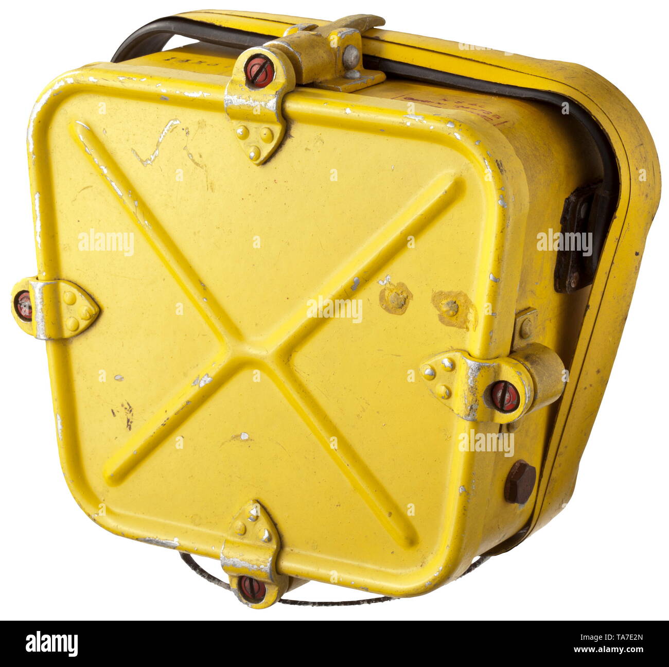 An emergency transmitter for maritime distress 'NS 4' for pilots of the fighter units Aluminium case, yellow lacquered, several fastening screws with red locking varnish seal. Case with mark 'NS 4 c - Gerät Nr. 124-78B - Anforderz. Ln28973' as well as number '1425(?)' on the side, with spring steel antenna wrapped around the case. Not checked for functionality or completeness. Dimensions of case circa 18 x 15 x 8 cm. Extraordinarily rare piece of equipment historic, historical, Air Force, branch of service, branches of service, armed service, armed services, military, milit, Editorial-Use-Only Stock Photo