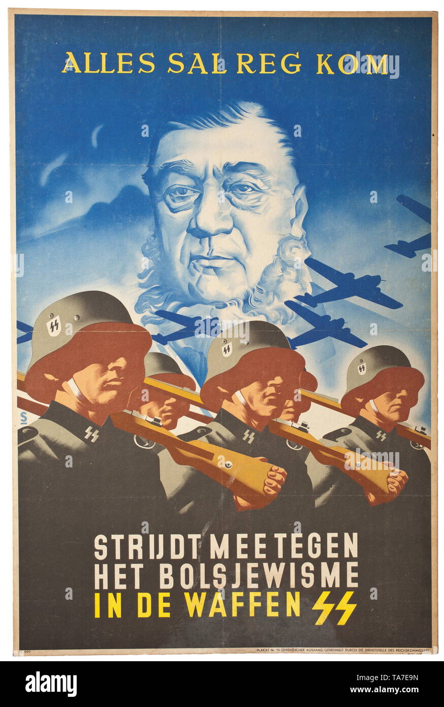 A Dutch propaganda poster for the Waffen-SS circa 1941 historic, historical, 20th century, 1930s, 1940s, Waffen-SS, armed division of the SS, armed service, armed services, NS, National Socialism, Nazism, Third Reich, German Reich, Germany, military, militaria, utensil, piece of equipment, utensils, object, objects, stills, clipping, clippings, cut out, cut-out, cut-outs, fascism, fascistic, National Socialist, Nazi, Nazi period, Editorial-Use-Only Stock Photo