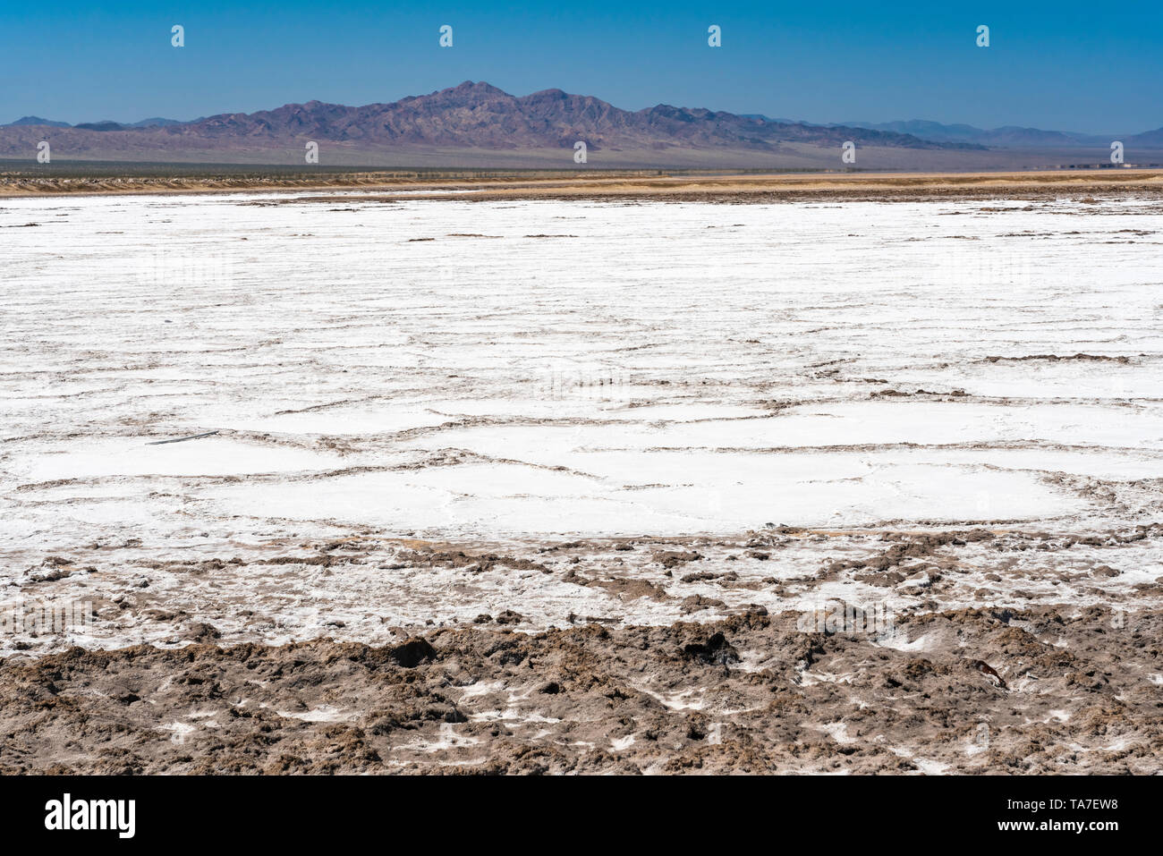 The Bristol Dry Lake salt accumulation on Route 66, near Amboy, California, USA. Stock Photo