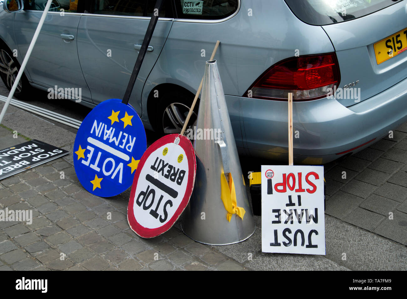 Westminster. Opposite Houses of Parliament May 22nd 2019. Protest to stop Brexit by Remainers. Placards. Stock Photo