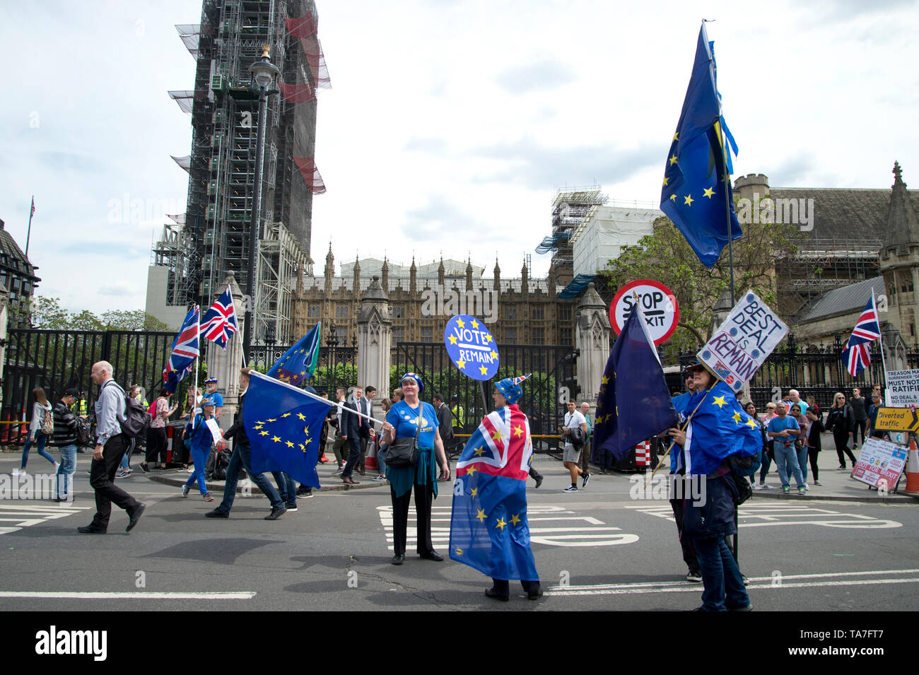 Westminster. Opposite Houses of Parliament May 22nd 2019. Protest to stop Brexit by Remainers. A group in front of the House of Commons. Stock Photo