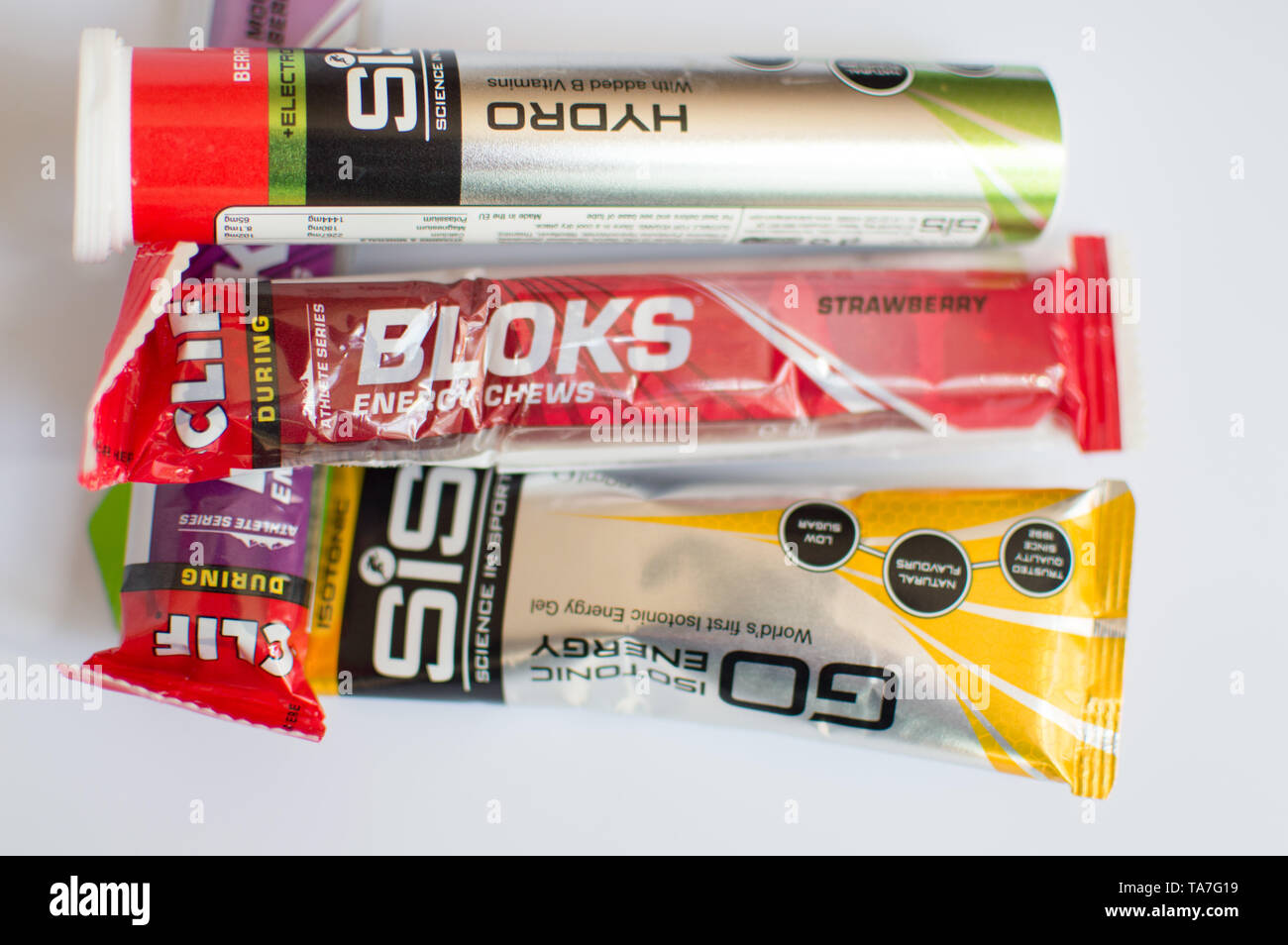 Cycling energy gels Stock Photo