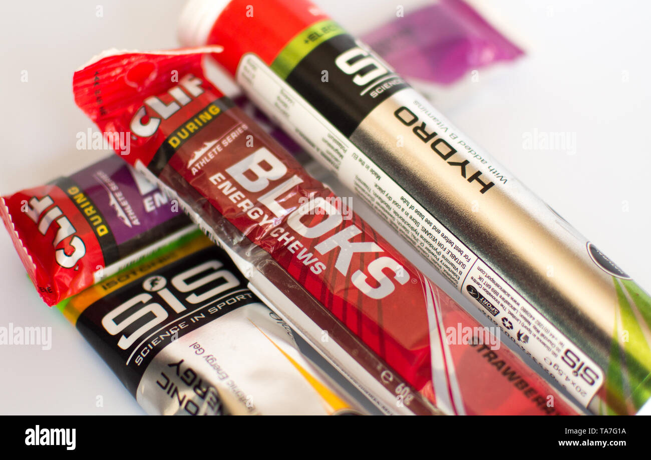 Cycling energy gels Stock Photo