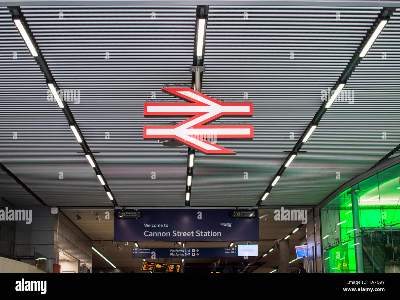 National rail symbol at the entrance of London Cannon Street mainland train station managed by South eastern railways Stock Photo