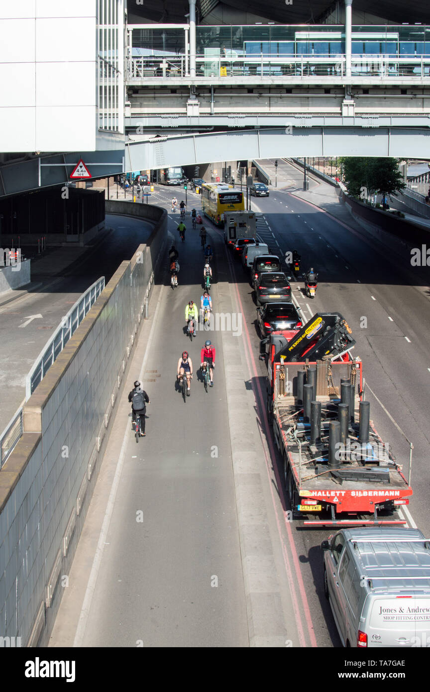 Arieal view of a Segregated cycle track in London City Stock Photo