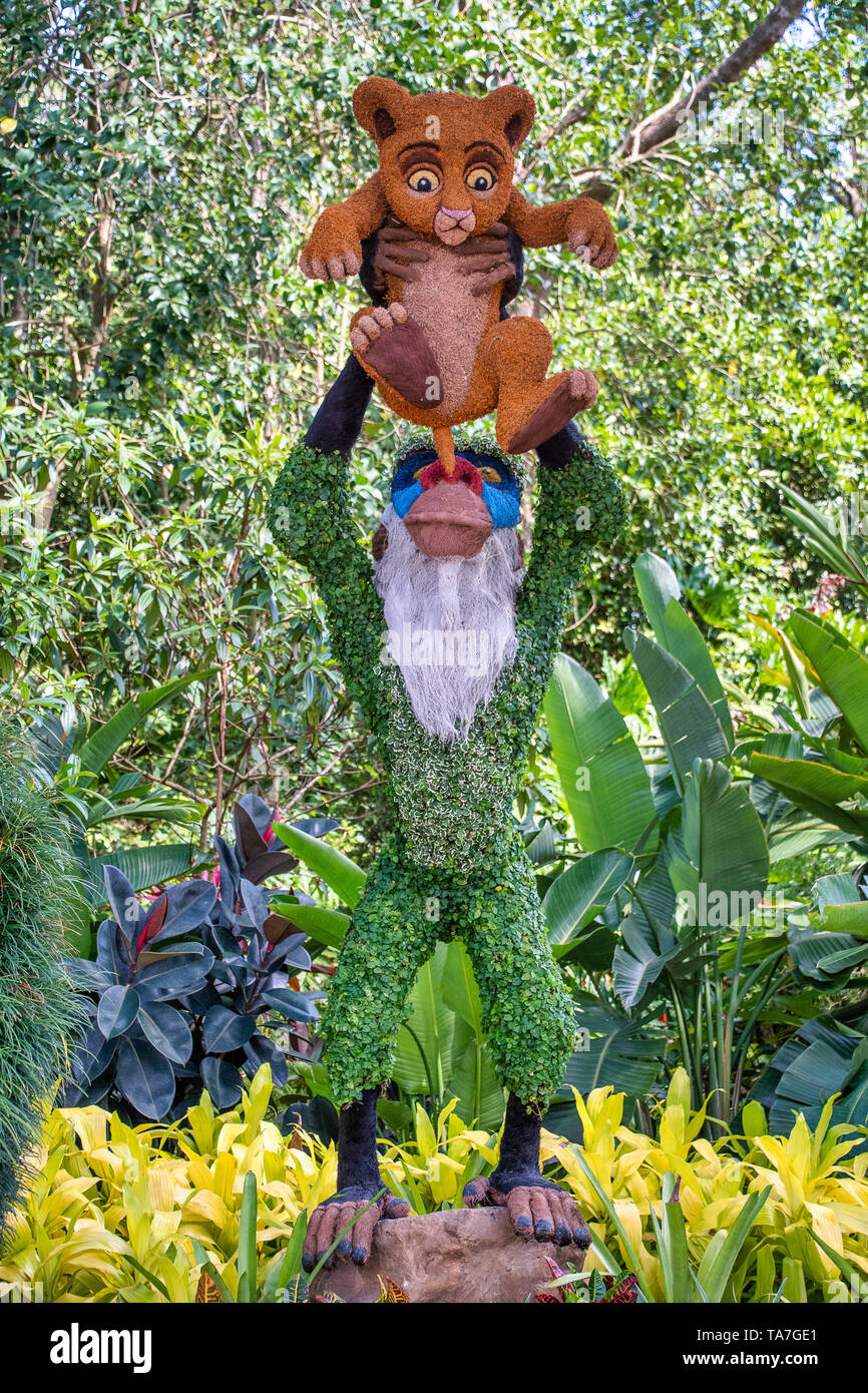ORLANDO, USA. 29TH APRIL 2019: Rafiki and Simba  topiary display figure on display at Disney World Stock Photo