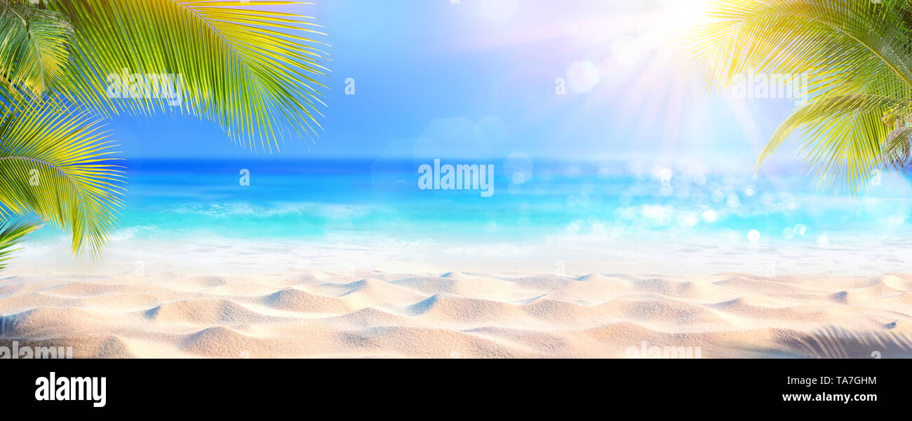 Sunny Tropical Beach With Palm Leaves And Paradise Island Stock Photo ...