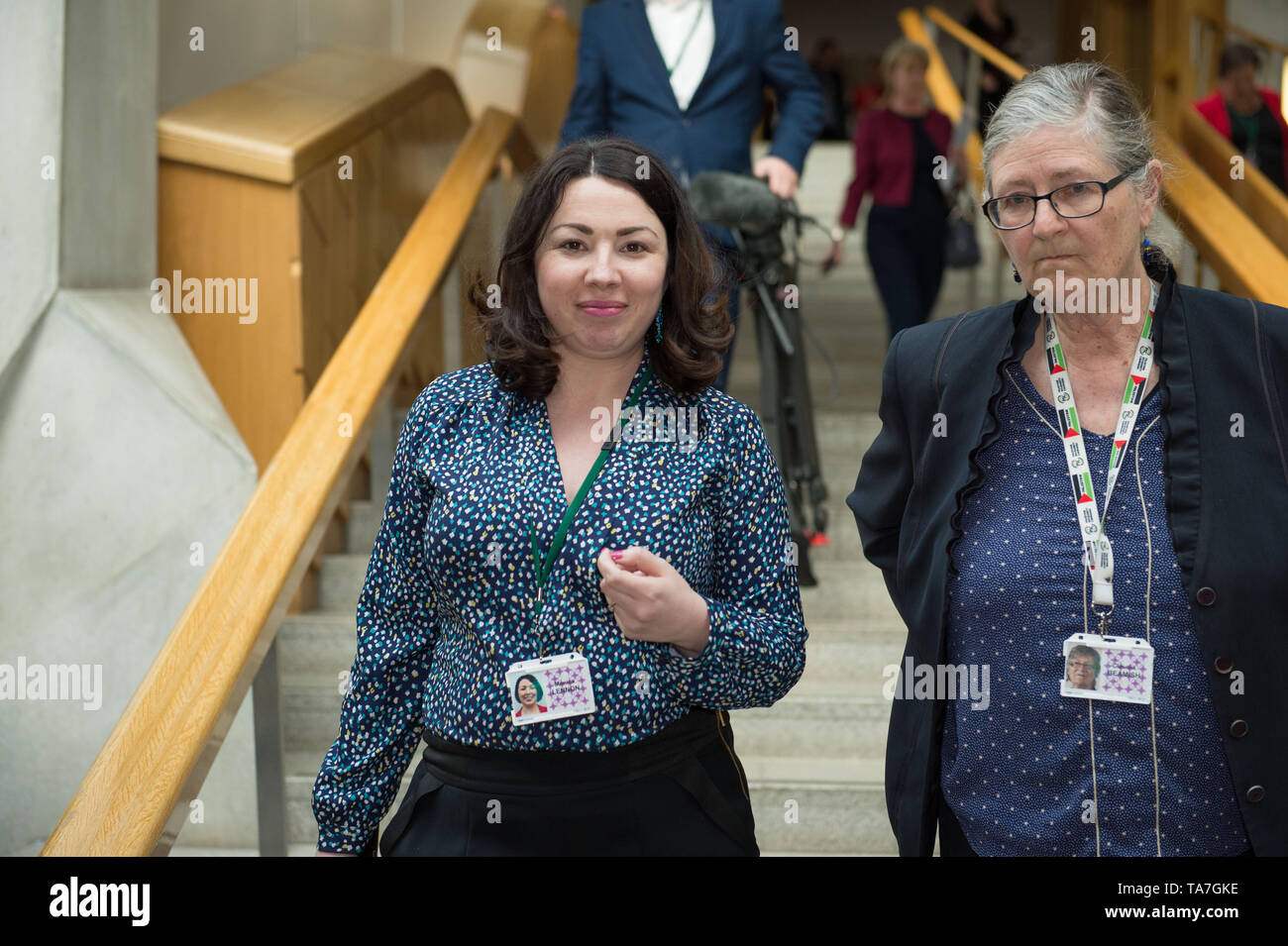 Edinburgh, UK. 22 May 2019.  PICTURED: (left-right) Monica Lennon MSP; Claudia Beamish MSP.  The end of First Ministers Questions session at the Scottish Parliament in Holyrood in Edinburgh. After the chamber has emptied, MSP's are seen in the Garden Lobby going to various meetings.  The First Minister's Questions are usually held on a Thursday, however due to the European Parliamentary Elections happening tomorrow, (Thursday 23rd May) the session has been conducted a day early. Stock Photo