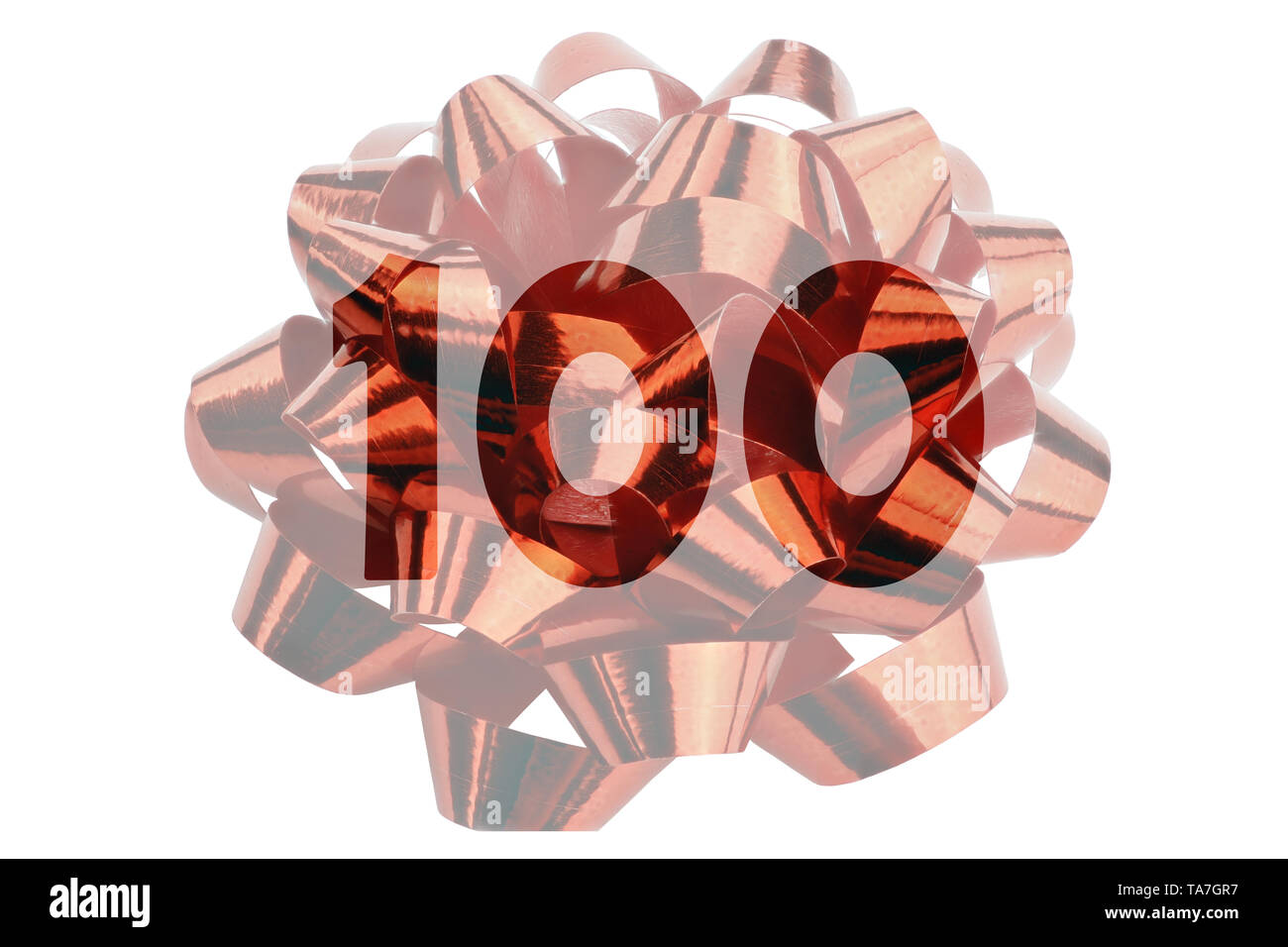 Symbol for, for example, 100th anniversary or 100 percent content in the form of a gift loop with the number 100 Stock Photo