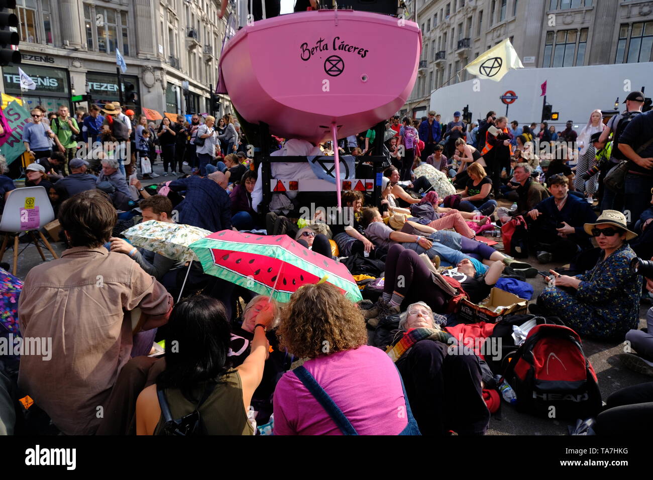 Extinction Rebellion protesters prepare for arrest on the fourth day of official protest at Oxford Circus. Stock Photo