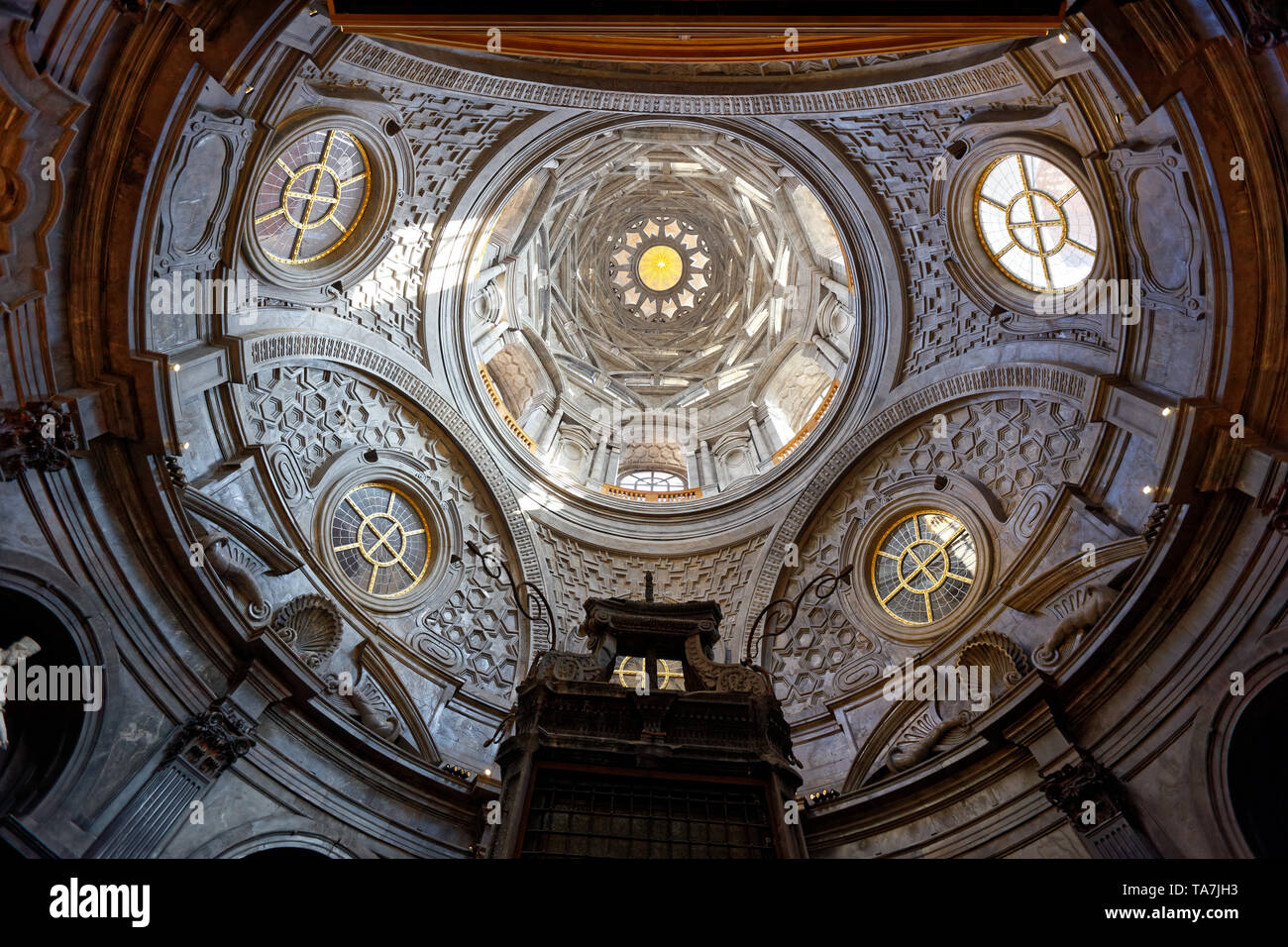 The Chapel of the Holy Shroud, designed by the architect Guarino Guarini in Turin, Italy. In 1997, the chapel was severely damaged by a massive fire.  Stock Photo