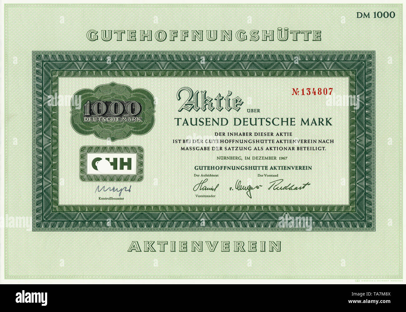 Historic Stock Certificate Germany Historische Aktie 1000 Dm Montan Und Maschinenbau Unternehmen Gutehoffnungshutte Ghh 1967 Nurnberg Deutschland Europa Stock Photo Alamy