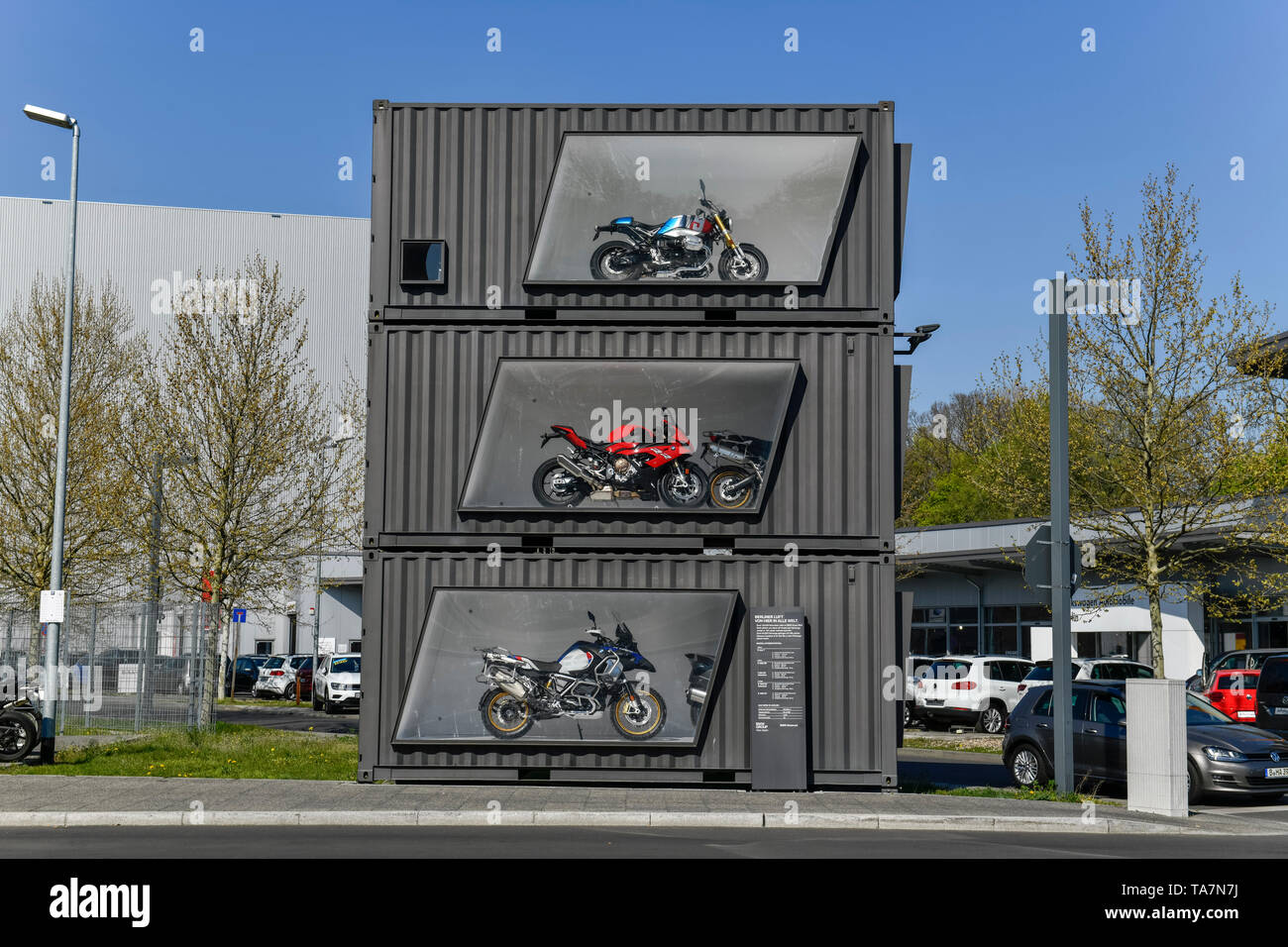 Show container, BMW Motorcycle work, in the Juliusturm, Spandau, Berlin, Germany, Schau-Container, BMW Motorradwerk, Am Juliusturm, Deutschland Stock Photo