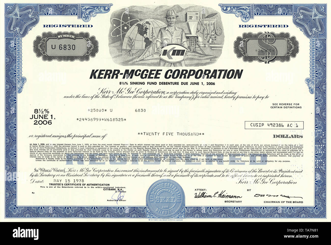 Historical stock certificate, Kerr-McGee Corporation, today part of Anadarko Petroleum, Oil and Gas, Delaware, USA, 1978, Wertpapier, historische Aktie, Kerr-McGee Corporation, heute ein Teil von Anadarko Petroleum, Erdöl und Erdgas, Bohrlizenz für das Macondo-Ölfeld, 1978, Delaware, USA Stock Photo