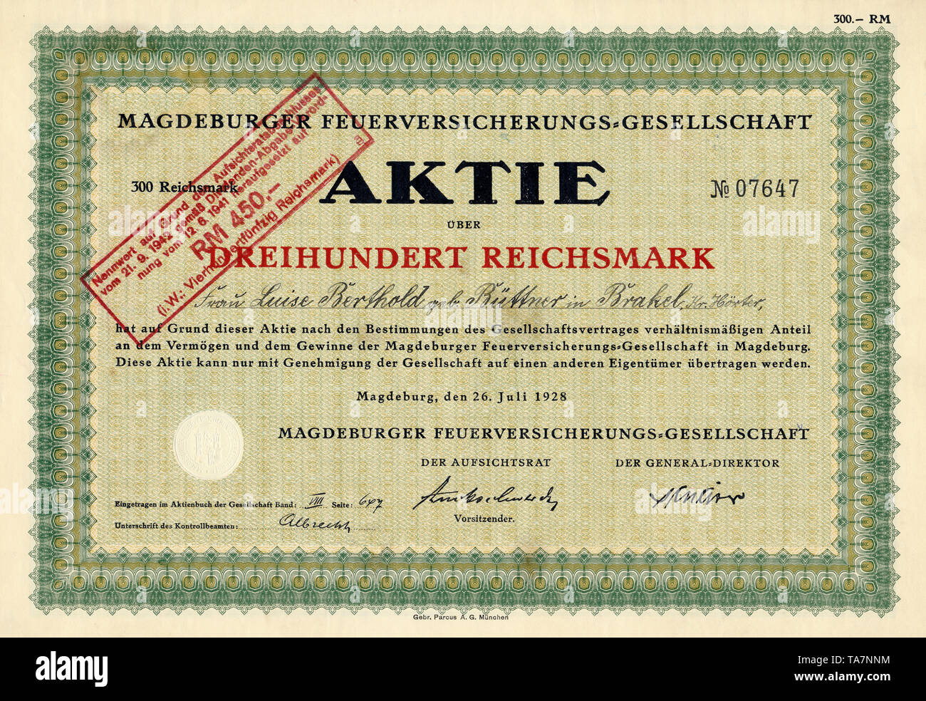 Historic stock certificate, Reichsmarks obligation, Germany, Historische Aktie über 100 Reichsmark, Berliner Feuer-Versicherungsanstalt, 1924, Berlin, Deutschland, Europa Stock Photo
