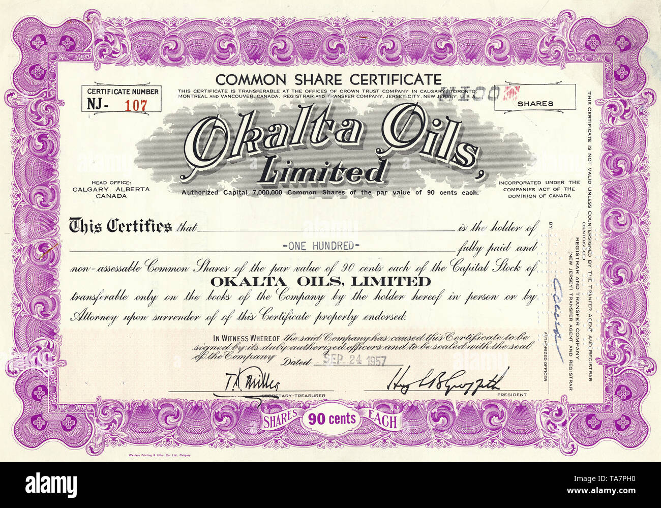 Historical stock certificate of an oil and gas company, Okalta Oils Limited, Calgary, Alberta, Canada, 1957, Wertpapier, historische Aktie, Mineralöl- und Erdgasunternehmen, Okalta Oils Limited , 1957, Calgary, Alberta, Kanada Stock Photo
